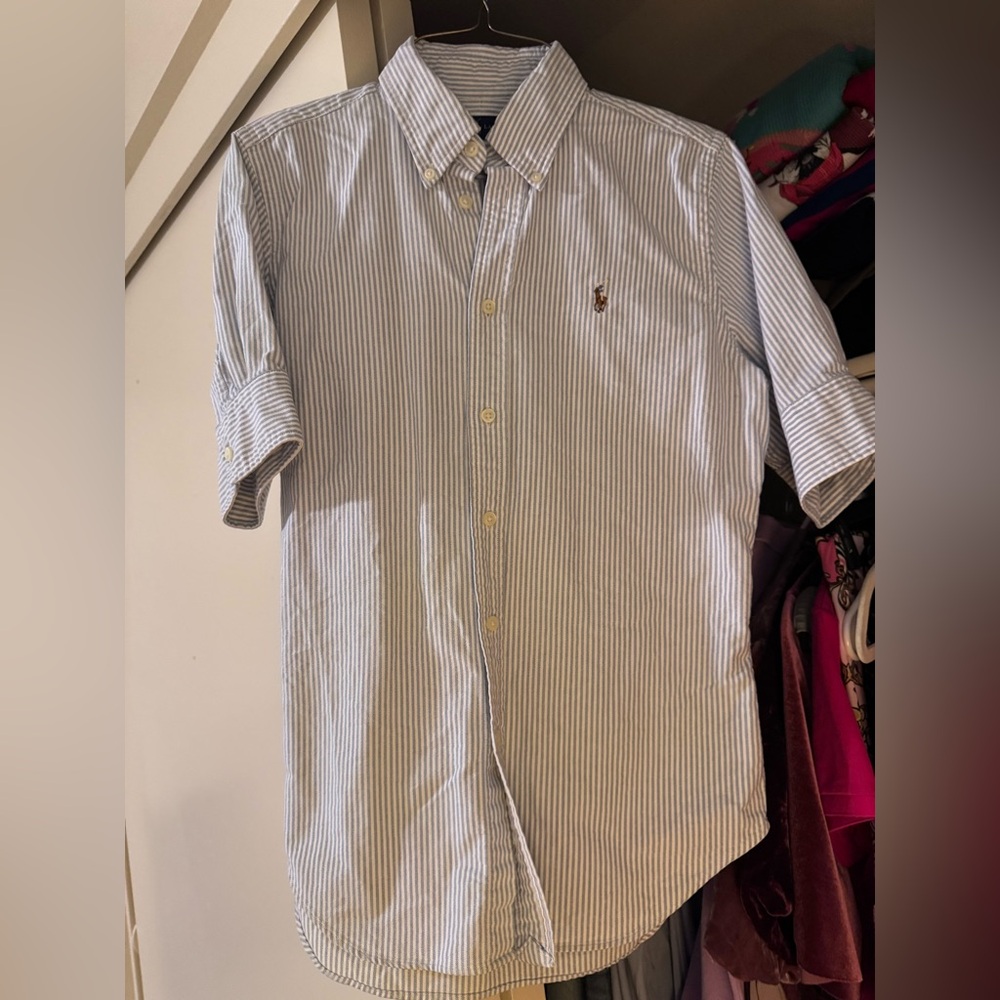 Ralph Lauren Men's (WOMEN) White and Blue Striped Shirt Half Sleeve Button down